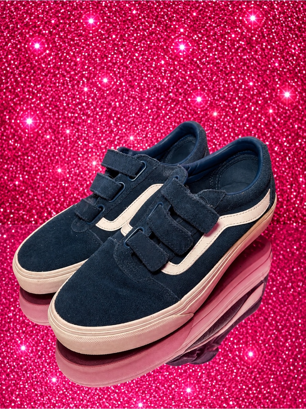 Vans Navy Suede Velcro Sneakers with Cream Side Stripe